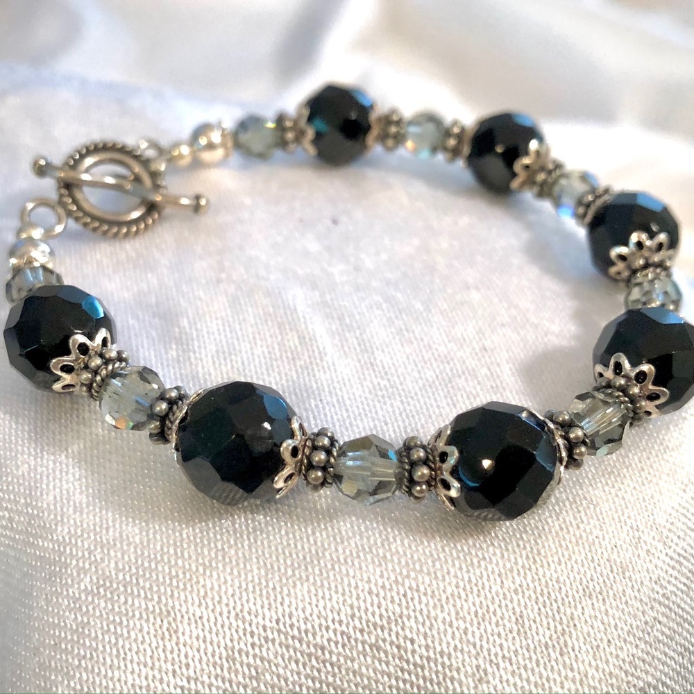 Handmade Black & Grey Faceted Beaded Bracelet with Toggle Clasp